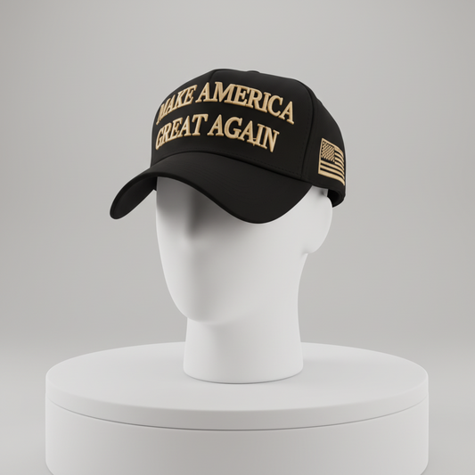 Black Make America Great Again with gold writing, embroidered