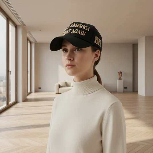 Black Make America Great Again with gold writing, embroidered