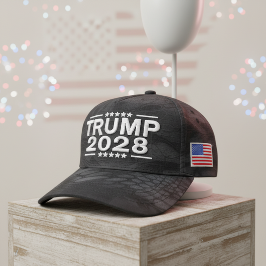 Trump 2028 Black with white writing, embroidered