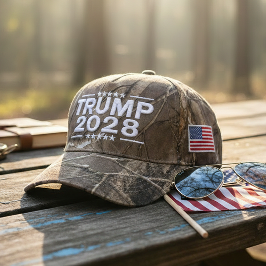 Trump 2028 Camo with white embroidered writing