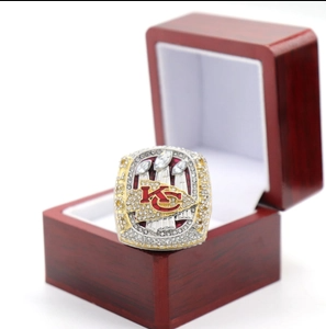 American Football Championship Ring Pendant Necklace Gold Silver Plated Alloy Red KC Logo Rhinestone Inlaid Super Bowl Winner Commemorative Jewelry Collectible